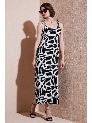 Lela Desenli Midi Boy Oversize Fit Bağlamalı Ip Askılı Bisiklet Yaka Elbise Bayan Elbise 5869009