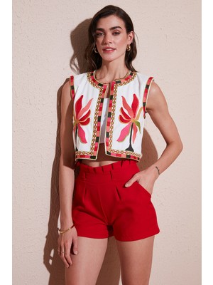 Lela Pamuklu Regular Fit Çiçekli Nakış Işlemeli Crop Yelek Bayan Yelek 676291