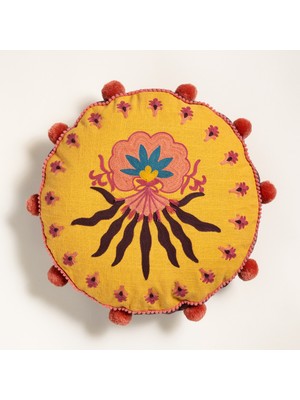 Ghunı Pompomlu Biyeli Nakışlı Pamuk Pamuk Kırlent 40 Cm Sarı