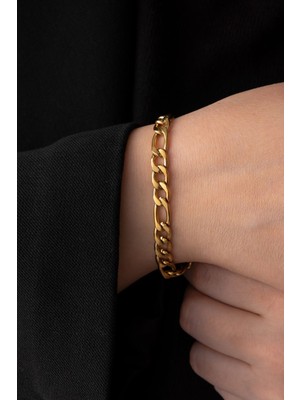 By Florya Jewelry Çelik Figaro Zincir Bileklik Kararmaz Unisex 6 mm Altın