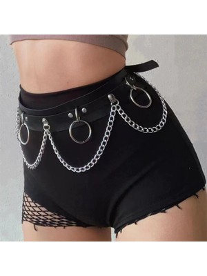 Metal Halkalı Zincir Detaylı Gotik Harness Kemer