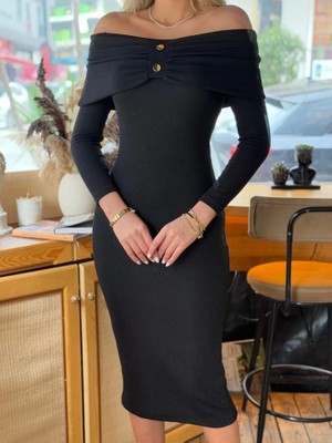 Kadın Madonna Yaka Düğme Detay Fırsat Ürün Midi Boy Elbise