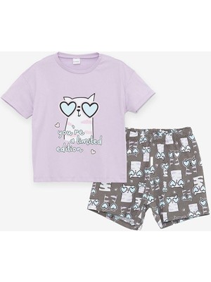 Bisiklet Yaka Baskılı Kısa Kollu Kız Çocuk Şortlu Pijama Takımı