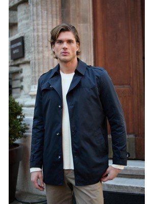 Erkek Fit Kalıp Lacivert Trençkot