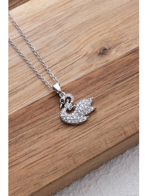 By Florya Jewelry Çelik Kuğulu Kolye Beyaz Zirkon Taşlı Kararmaz