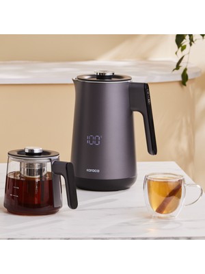 Karaca Cool Touch 1502 Çift Cidarlı Dijital Ekran Çay Makinesi Silver 0,8 lt Cam Demlik ve 1,7 lt Su Isıtıcı