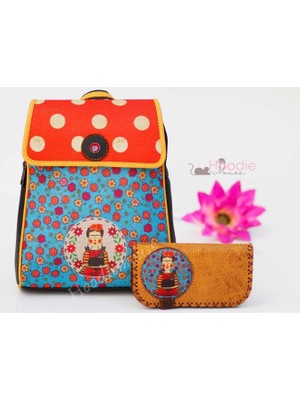 Hoodie Mouse Mavi Frida Figürlü Kapaklı Sırt Çantası Siyah, Cüzdan Hardal Etnik Bohem Style Kombin