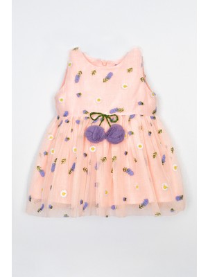 Numuu Pastoral Çiçek Nakışlı Doğum Günü Bayram Özel Gün Astarlı Kolsuz Tüllü Kız Bebek Elbise