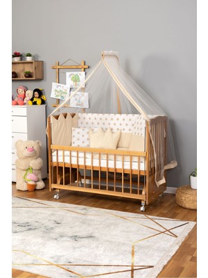 Ahşap Beşik Anne Yanı Beşik (Vernikli) 60X120 - Krem Nakış(Yazısız) Uyku Seti + Yatak + Tekerlekli
