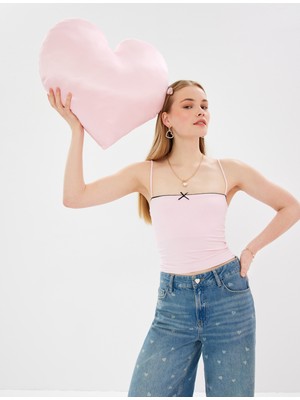 Koton Renk Kontrastlı Fiyonk Detaylı Slim Ince Askılı Crop Üst