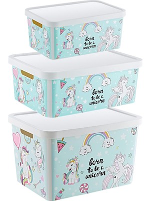 Smartware 3'lü Set Stafi Desenli Kapaklı Kutu Unicorn (4,5-12-18 Lt)