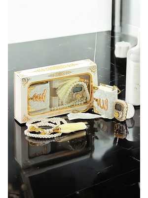 İhvan Inci Tesbihli Taşlı Zikirmatik ve Mini Kadife Kuran-I Kerim Set Mevlüt Hediyesi - Beyaz