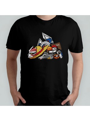 Pixxa Anime Kolaj One Piece Bleach Pokemon Dragon Ball %100 Pamuklu Bisiklet Yaka T-Shirt Model 1