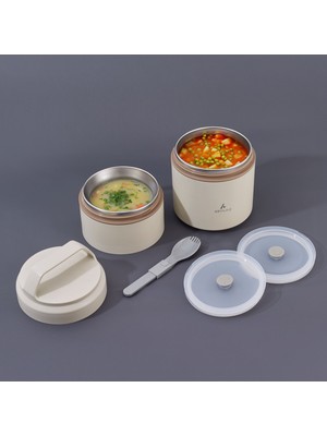 Aryıldız Bento Yuvarlak 2 Katlı Lunch Box Yemek Termosu Bej 1200 ml