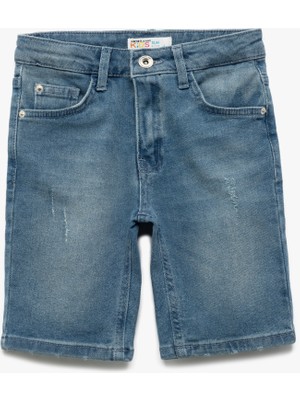 Koton Denim Şort Erkek Çocuk Beli Ayarlanabilir Lastikli Cep Detaylı Desensiz Slim Fit