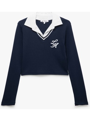 Koton Uzun Kollu Gömlek Yaka Slim Fit Kolej Nakışlı Tişört