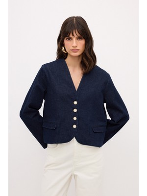 Yakasız Kısa Denim Ceket Lacivert 11944449000
