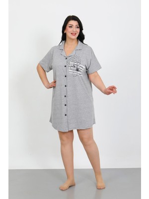 Akbeniz Büyük Beden Penye Düğmeli Gri Tunik Gecelik 1025