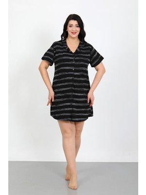 Akbeniz Büyük Beden Penye Düğmeli Siyah Tunik Gecelik 1033