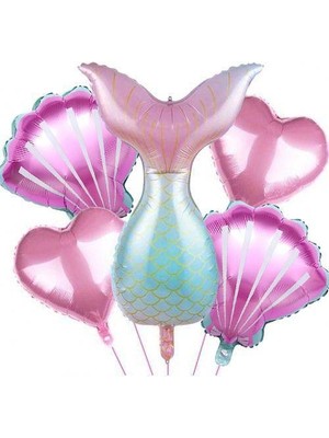 Parti Dükkanım Deniz Kızı Folyo Balon Seti 5 Li Pembe Kalp ve Deniz Kabuğu Desenli 52x85 cm
