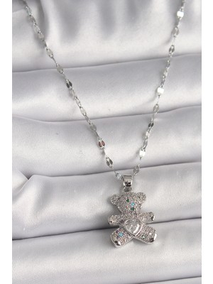 Clariss 316L Çelik Gümüş Renk Zincir Renkli Zirkon Taşlı Ayıcık Figür Taşlı Kalp Detay Kadın Kolye