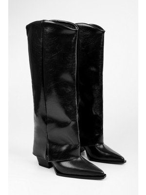 Shoeberry Kadın Texas Siyah Parlak Tozluk Detaylı Kovboy Çizme