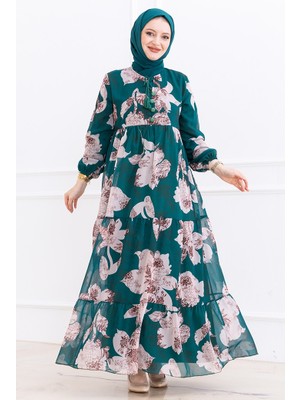 İlkimay.com Çiçek Desen Şifon Elbise 1351 - Zümrüt Yeşili