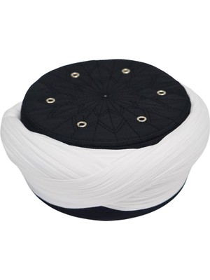 Sarıkhane Talebe Sarığı-Beyaz Kumaş-Siyah Takke-Çapraz Sarım-Kuş Gözlü-7 Metre