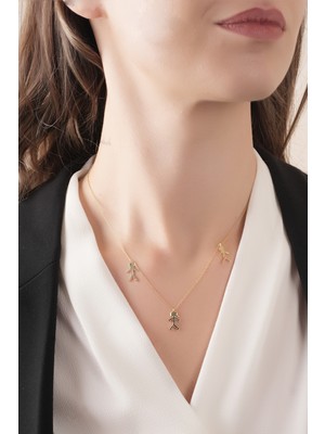 925 Ayar Gümüş , Gold Kaplamalı Siyah Taşlı Aile Kolye