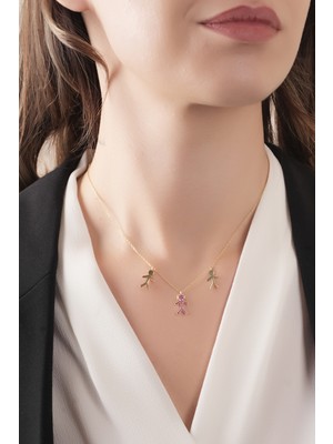 925 Ayar Gümüş , Gold Kaplamalı Ruby Taşlı Aile Kolye