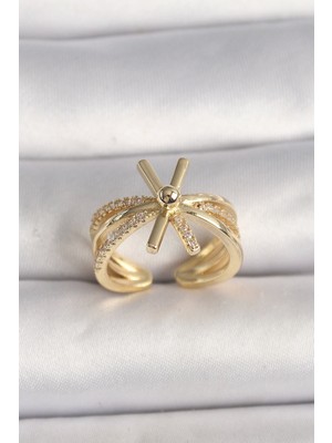 Pirinç Gold Renk Ayarlanabilir Ziron Taşlı Kadın Yüzük