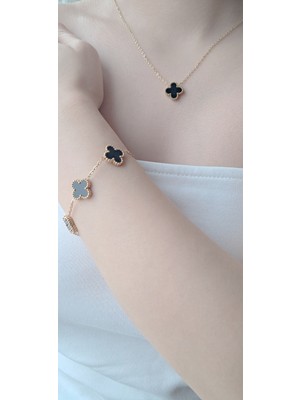 Stainless Steel Çelik Yonca Siyah Gold Bileklik