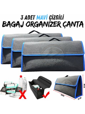 Oto Bagaj Organizeri Halı Bagaj Çantası  Mavi  Çizgili Araç Bagaj Düzenleyici Araba Çantası  3 Adet