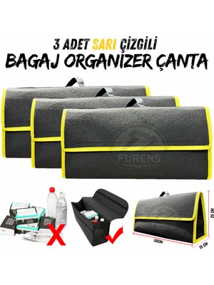 Oto Bagaj Organizeri Halı Bagaj Çantası Sarı Çizgili Araç Bagaj Düzenleyici Araba Çantası  3 Adet