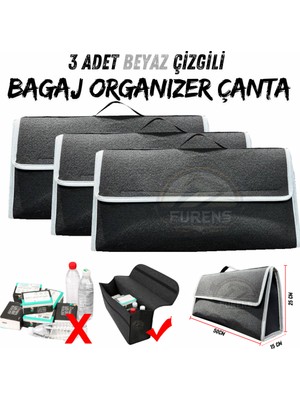 Oto Bagaj Organizeri Halı Bagaj Çantası Beyaz Çizgili Araç Bagaj Düzenleyici Araba Çantası  3 Adet