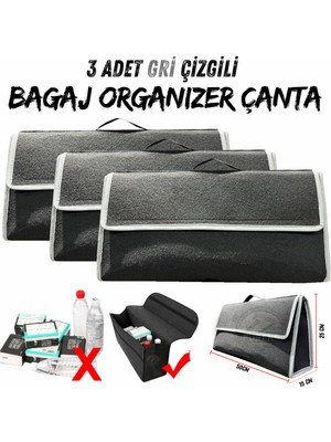 Oto Bagaj Organizeri Halı Bagaj Çantası Gri Çizgili Araç Bagaj Düzenleyici Araba Çantası  3 Adet