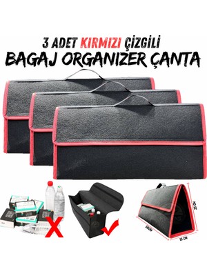 Oto Bagaj Organizeri Halı Bagaj Çantası Kırmızı Çizgili Araç Bagaj Düzenleyici Araba Çantası  3 Adet