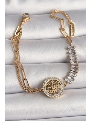 Ezo Concept 316L Çelik Gold Renk 2'li Zincir Su Yolu Zirkon Taşlı Yaşam Ağacı Figür Kadın Bileklik