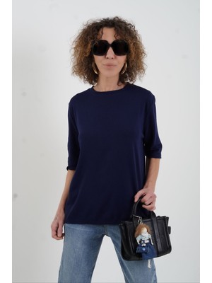 Lacivert Bisiklet  Yaka Arka Damla Kısa Kol Kazak