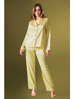 Loomerie Kadın Sarı Desenli Önden Düğmeli Saten Pijama Takımı 2200
