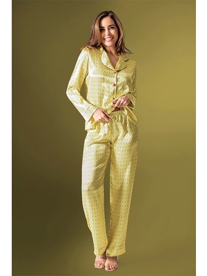 Loomerie Kadın Sarı Desenli Önden Düğmeli Saten Pijama Takımı 2200