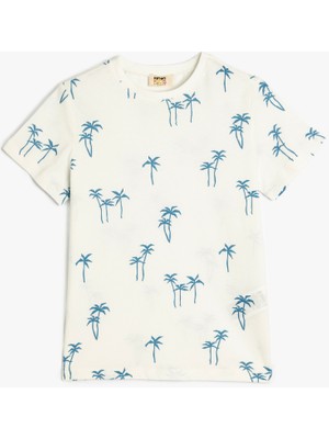 Koton Palmiye Baskılı Kısa Kollu Bisiklet Yaka Pamuklu Tişört