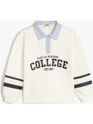 Koton Uzun Kollu Gömlek Yaka Ekru Oversize Sweatshirt Cepsiz Grafik Desenli Şık Tasarım