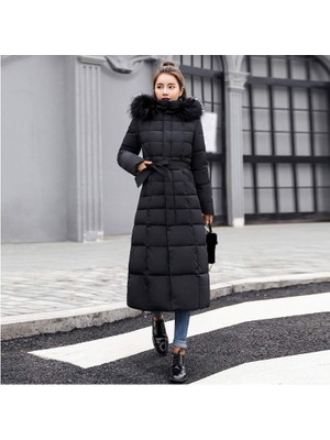 Kışlık Uzun Kürklü Kapüşonlu Kadın Şişme Mont