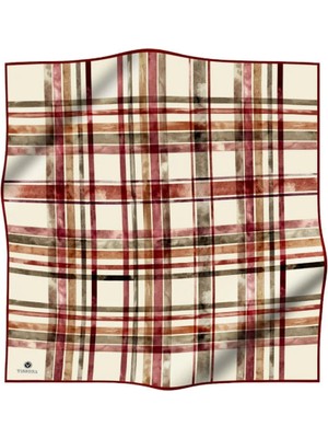 Vissona %100 Twill İpek Ekose Desenli Bordo - Haki Renkli 90x90 Eşarp Kenar Dikiş Şekli El Dikişli