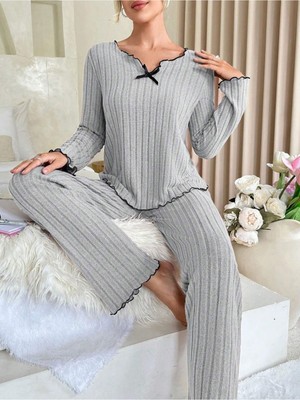 Bella Notte Gri Pamuklu Fiyonk Detaylı Pijama Takımı