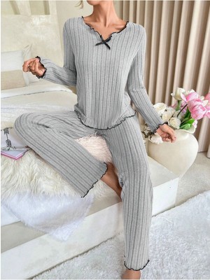 Bella Notte Gri Pamuklu Fiyonk Detaylı Pijama Takımı