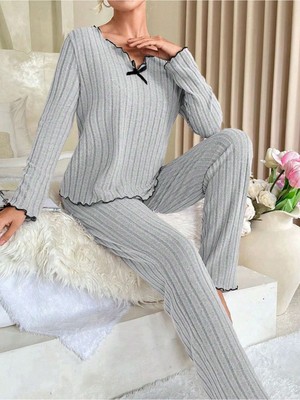 Bella Notte Gri Pamuklu Fiyonk Detaylı Pijama Takımı