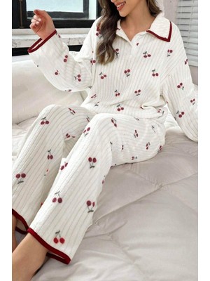 Bella Notte Kırmızı Kiraz Desenli Fitilli Pamuklu Uzun Pijama Takımı