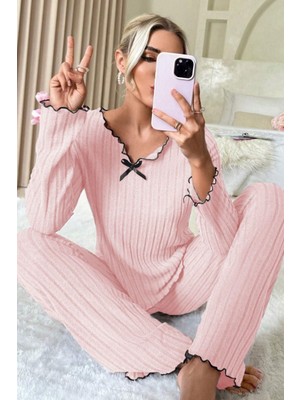 Bella Notte Pembe Pamuklu Fiyonk Detaylı Pijama Takımı